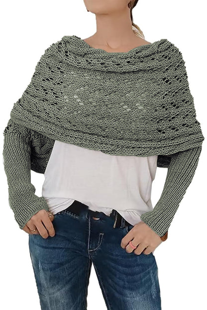 Gray Cross Detail Hollowed Knit Scarf with Sleeves