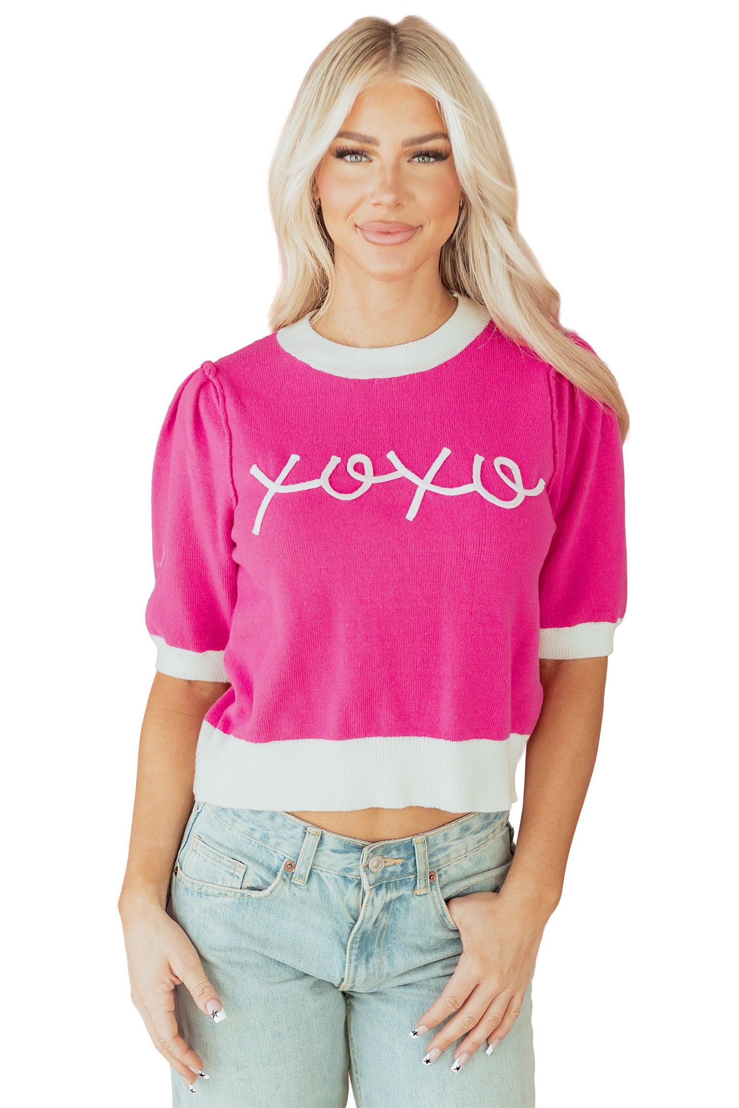 Bright Pink XOXO Puff Sleeve Contrast Knit Valentine Sweater Top