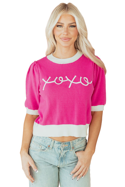 Bright Pink XOXO Puff Sleeve Contrast Knit Valentine Sweater Top