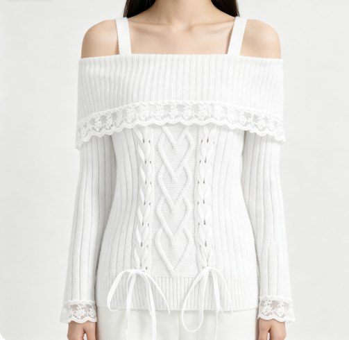 Women's Off Shoulder Lace Up Corset Knit Sweater