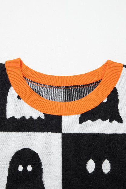 Halloween Ghost Checkered Short Sleeve Knit Sweater