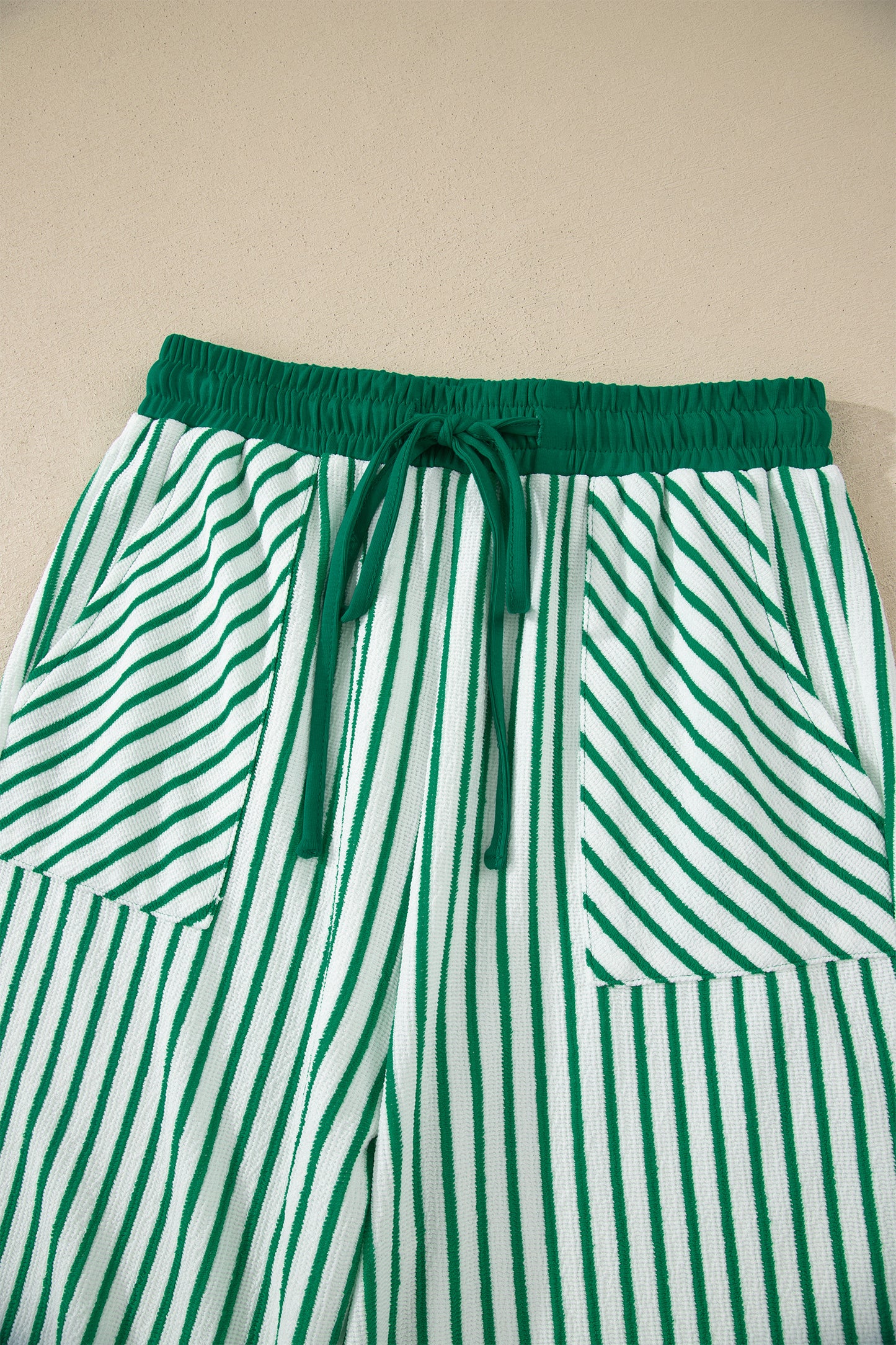 Khaki Stripe Crew Neck Tee Drawstring Waist Cropped Pants Set