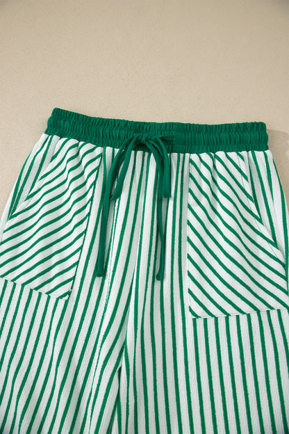 Khaki Stripe Crew Neck Tee Drawstring Waist Cropped Pants Set