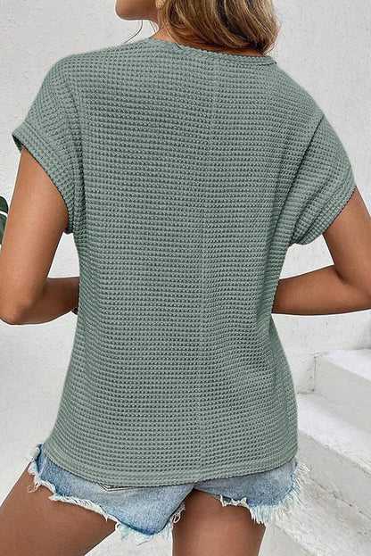 Mist Green Lace Patchwork Waffle Knit Summer Top