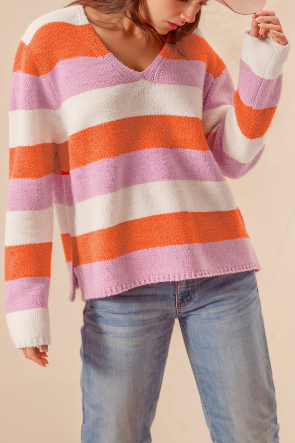 Orange Stripe Colorblock V Neck Casual Sweater