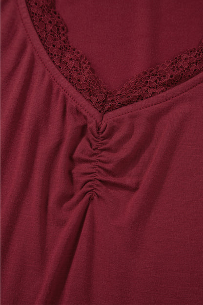 Smoke Gray Lace Trim Ruched V Neck Long Sleeve Women’s Top