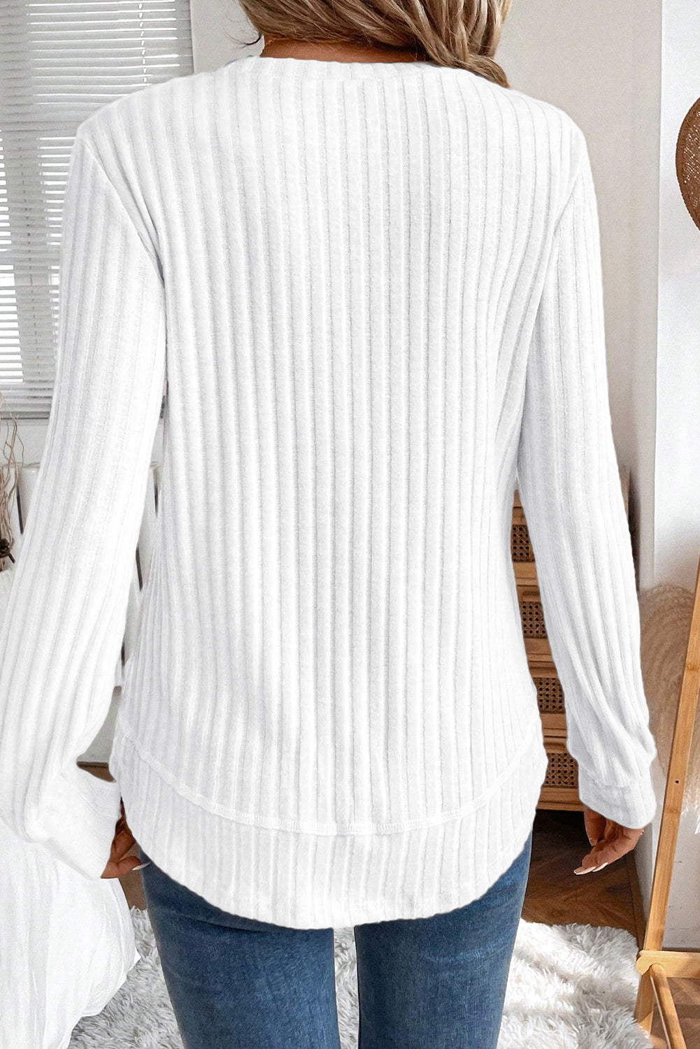 Ribbed Long Sleeve Round Neck Casual Knit Top