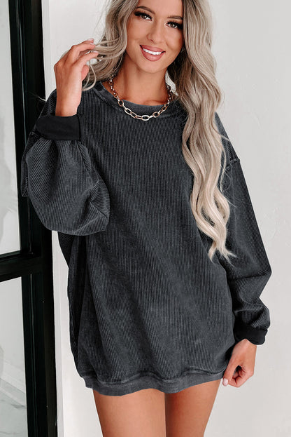 Customizable Solid Ribbed Knit Round Neck Casual PulloverSweatshirt