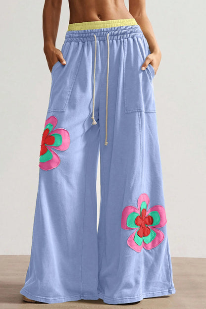 Color Block Floral Patch Wide Leg Pants Drawstring Waist