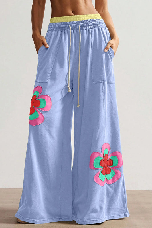 Color Block Floral Patch Wide Leg Pants Drawstring Waist