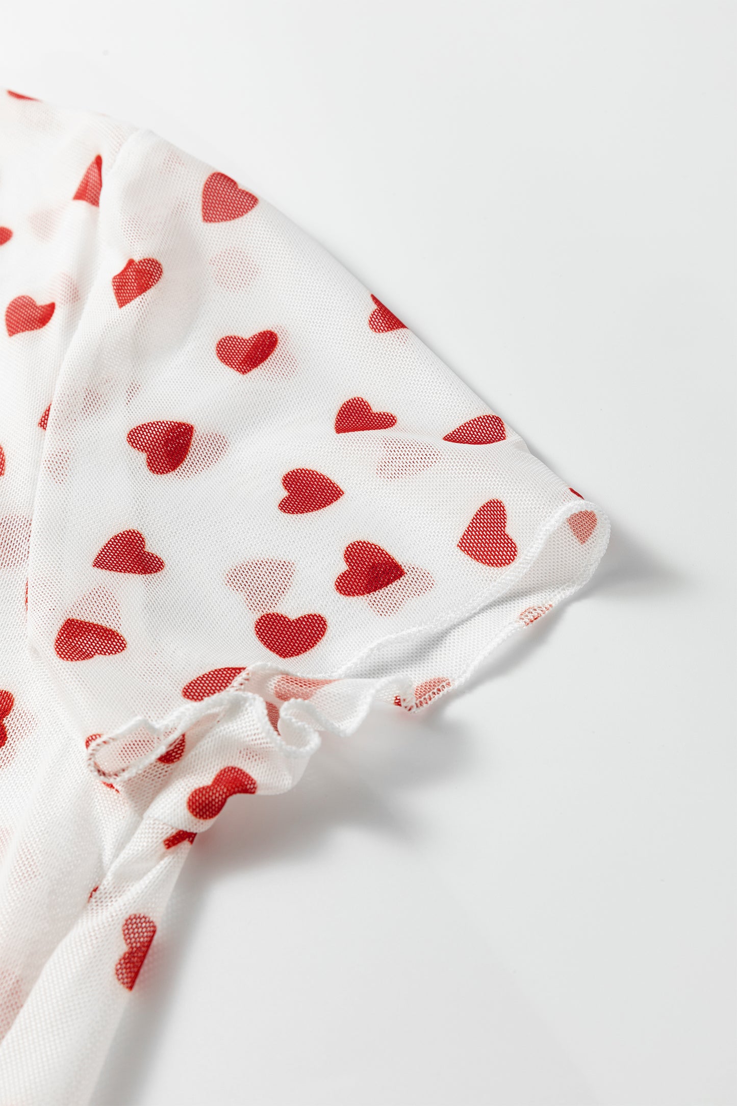 Racing Red Allover Heart Print Mesh Short Sleeve Top