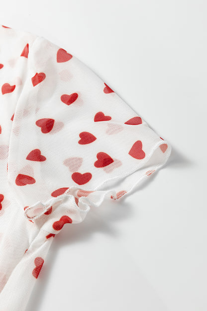 Racing Red Allover Heart Print Mesh Short Sleeve Top