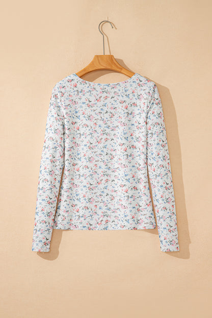 Floral Square Neck Fitted Top Long Sleeve Coquette Shirt