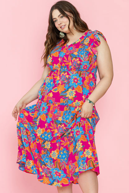 Red Floral Print Ruffled Sleeveless Plus Size Long Dress