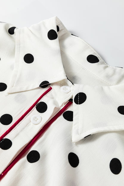 White Polka Dot Contrast Trim Button Up Blouse