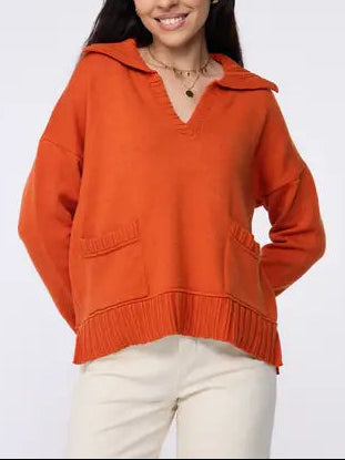 Orange V Neck Collared Knit Sweater with Front Pockets