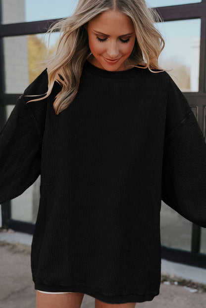 Black Ribbed Corduroy Oversized Pullover Sweatshirt