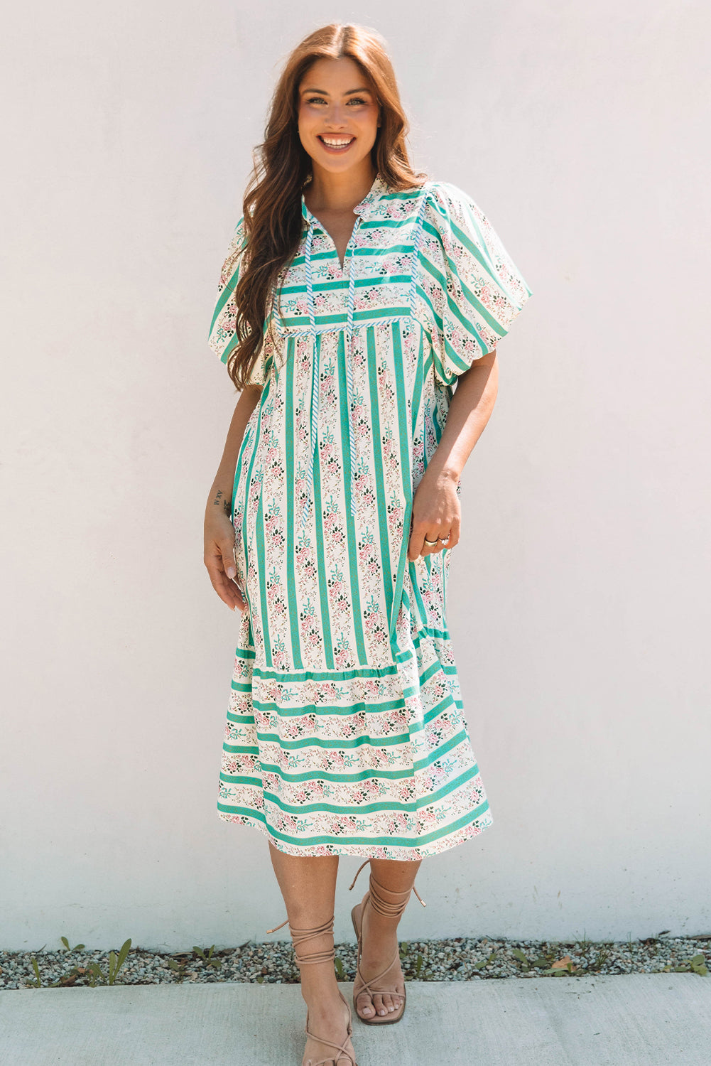 Women Striped Floral Print Puff Sleeve Midi Dress