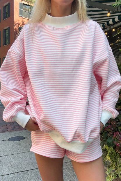 Pink Stripe Oversized Mock Neck Sweatshirt Shorts Set