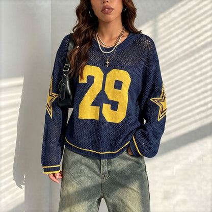 Women's Oversized Graphic V Neck Knit Sweater Streetwear