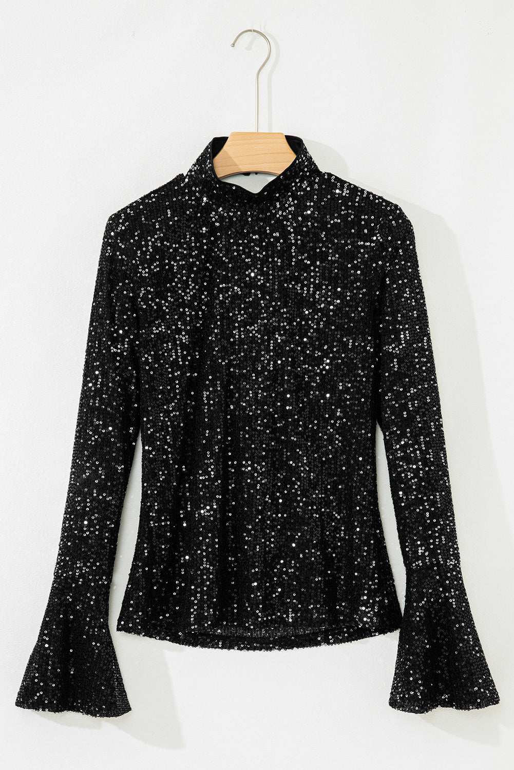 Sparkly Black Sequin Mock Neck Open Back Bell Sleeve Top