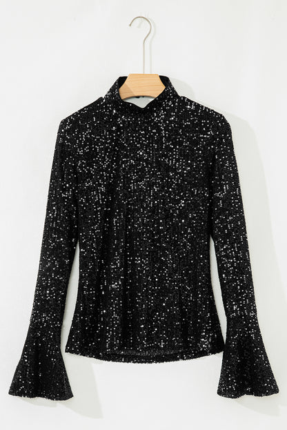 Sparkly Black Sequin Mock Neck Open Back Bell Sleeve Top