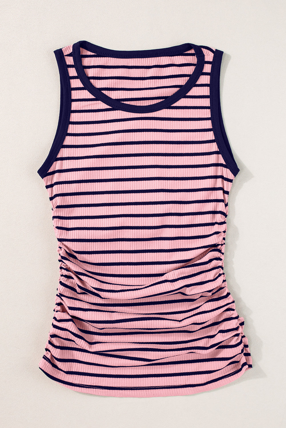 Pink Stripe Contrast Round Neck Sleeveless Slim Top