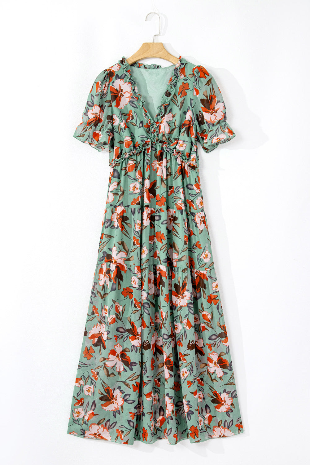 Sky Blue Floral V Neck Ruffle Short Sleeve Maxi Dress