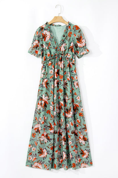 Sky Blue Floral V Neck Ruffle Short Sleeve Maxi Dress