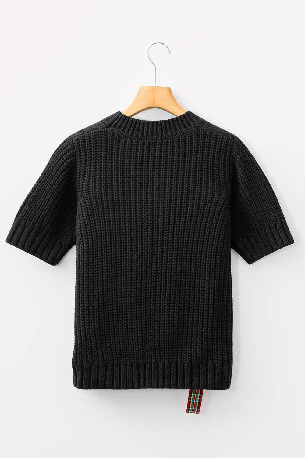 Red Plaid Bow Lace Up Cable Knit Short Sleeve Holiday Sweater