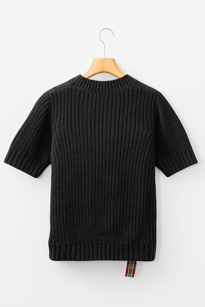 Red Plaid Bow Lace Up Cable Knit Short Sleeve Holiday Sweater