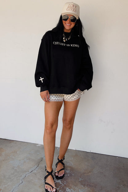 Black CHRIST IS KING Embroidery High Neck Baggy Sweatshirt