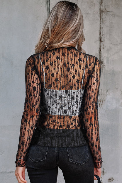 Ashleigh Blue Sheer Floral Lace Mock Neck Long Sleeve Top