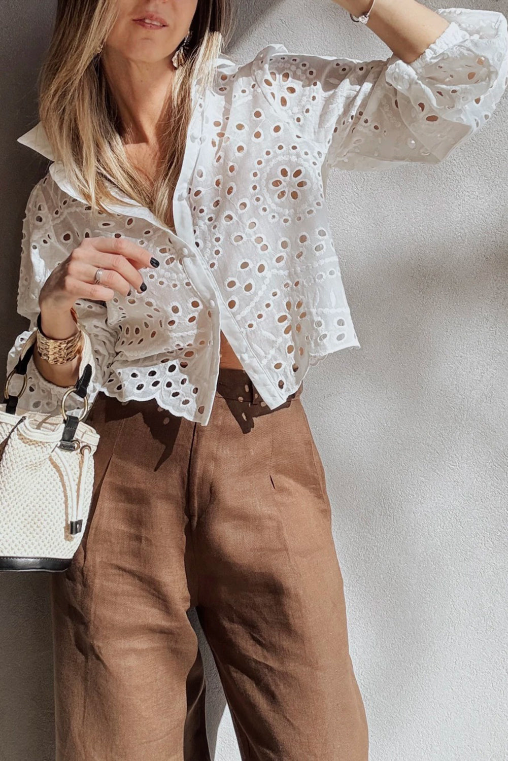 White Eyelet Embroidered Puff Sleeve Button Crop Shirt