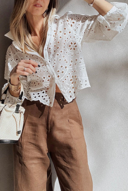 White Eyelet Embroidered Puff Sleeve Button Crop Shirt