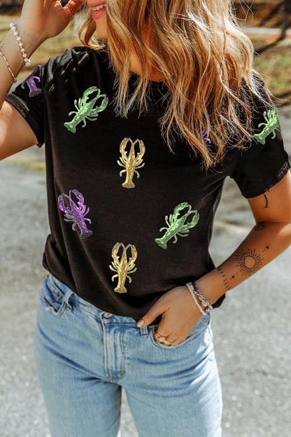 Black Sequin Crawfish Graphic Mardi Gras Festive Tee