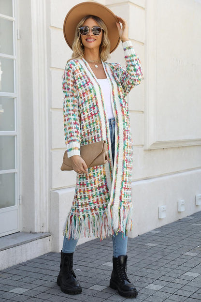 Fringe Knit Duster Cardigan - Colorful Boho Long Sweater
