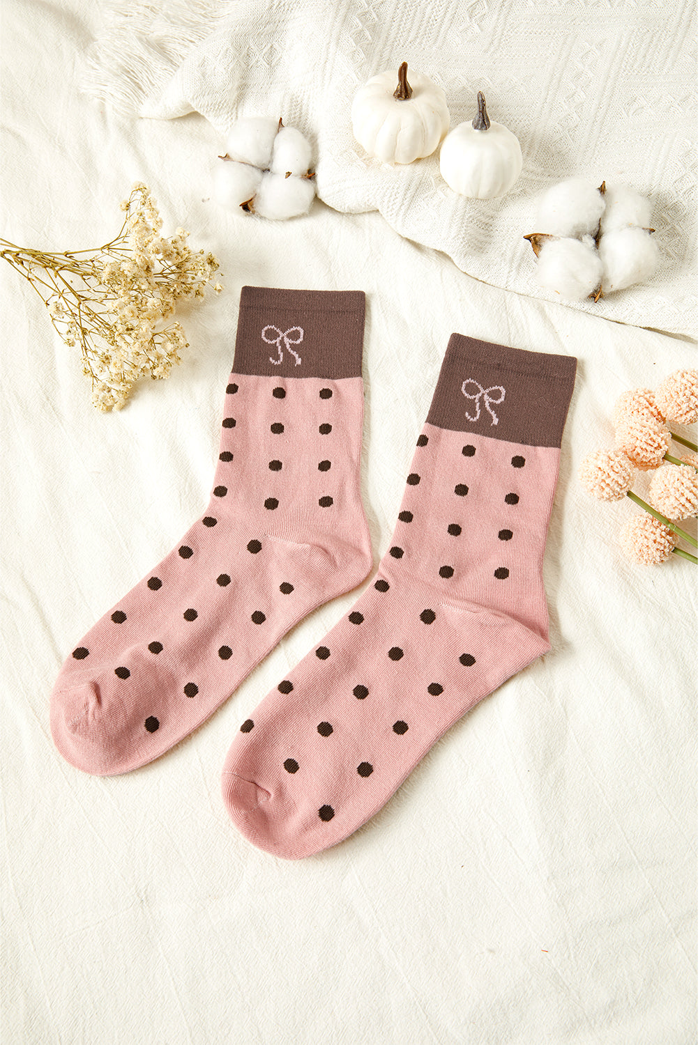 Polka Dot Bow Crew Socks Soft Cute Contrast Block