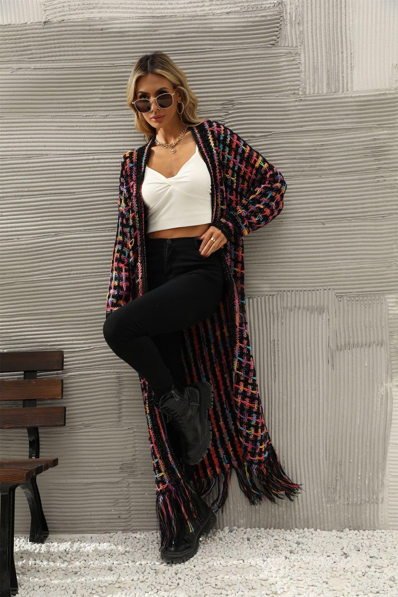 Fringe Knit Duster Cardigan - Colorful Boho Long Sweater