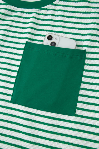 Khaki Stripe Crew Neck Tee Drawstring Waist Cropped Pants Set