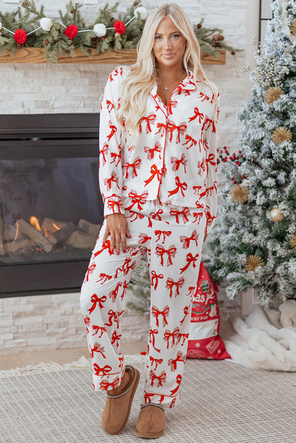 Red Christmas Bow Print Long Sleeve 2pcs Pajama Set