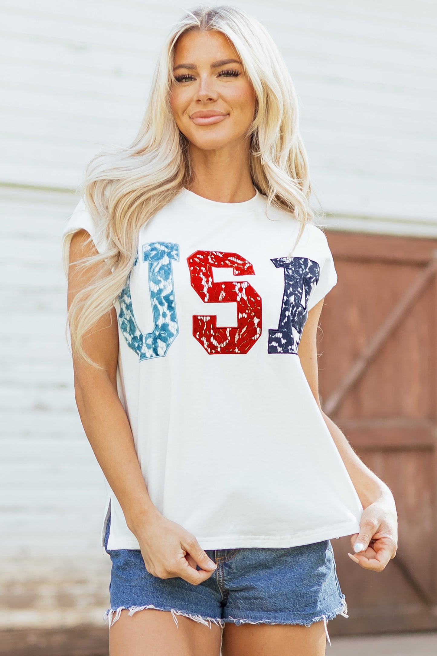 USA Lace Letter Dolman Tee Flag Day July 4th Top