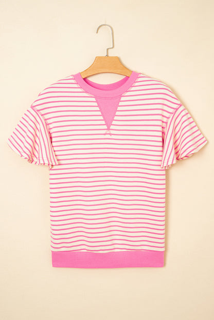Green Striped Ruffle Sleeve Contrast Casual Top