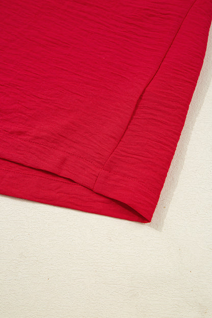 Red V Neck Collared Blouse Loose Fit Smocked Sleeve