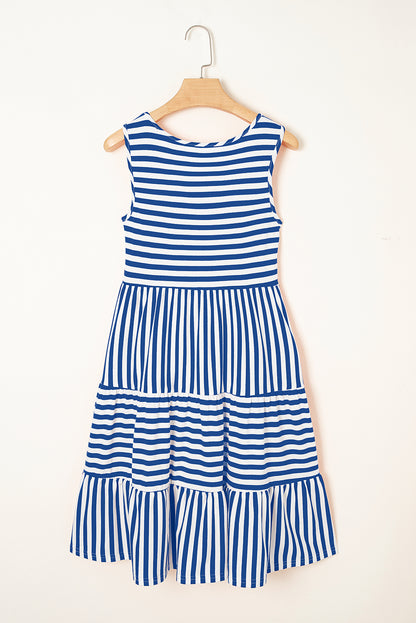 Black White Stripe U-Neck Sleeveless Loose Mini Dress