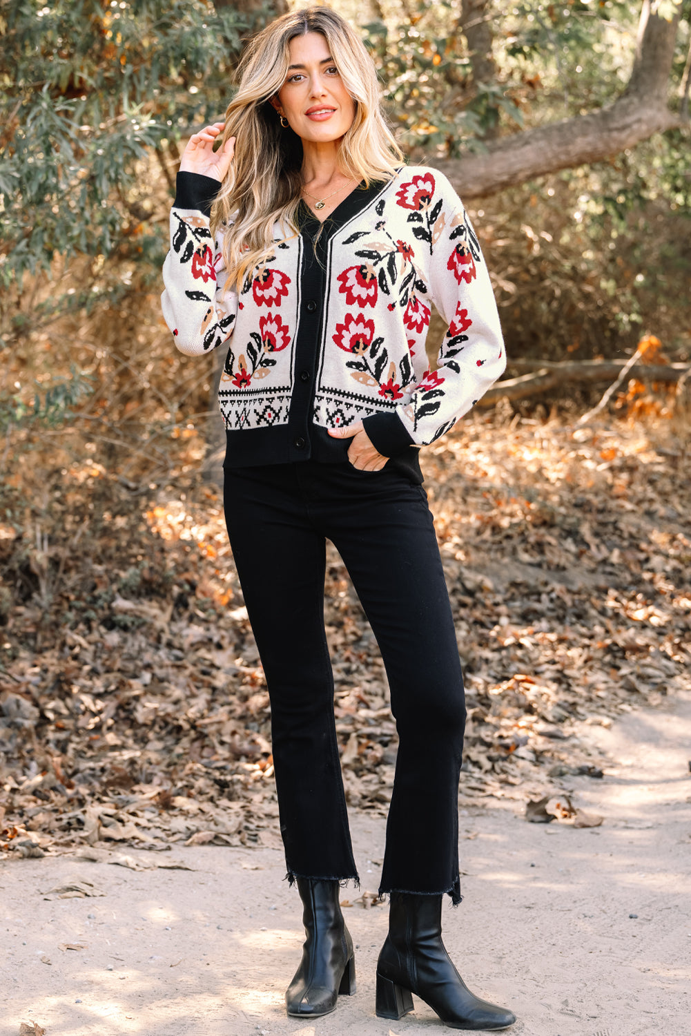 Floral V Neck Button Front Knit Cardigan Sweater
