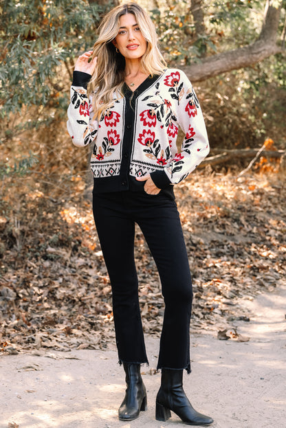 Floral V Neck Button Front Knit Cardigan Sweater