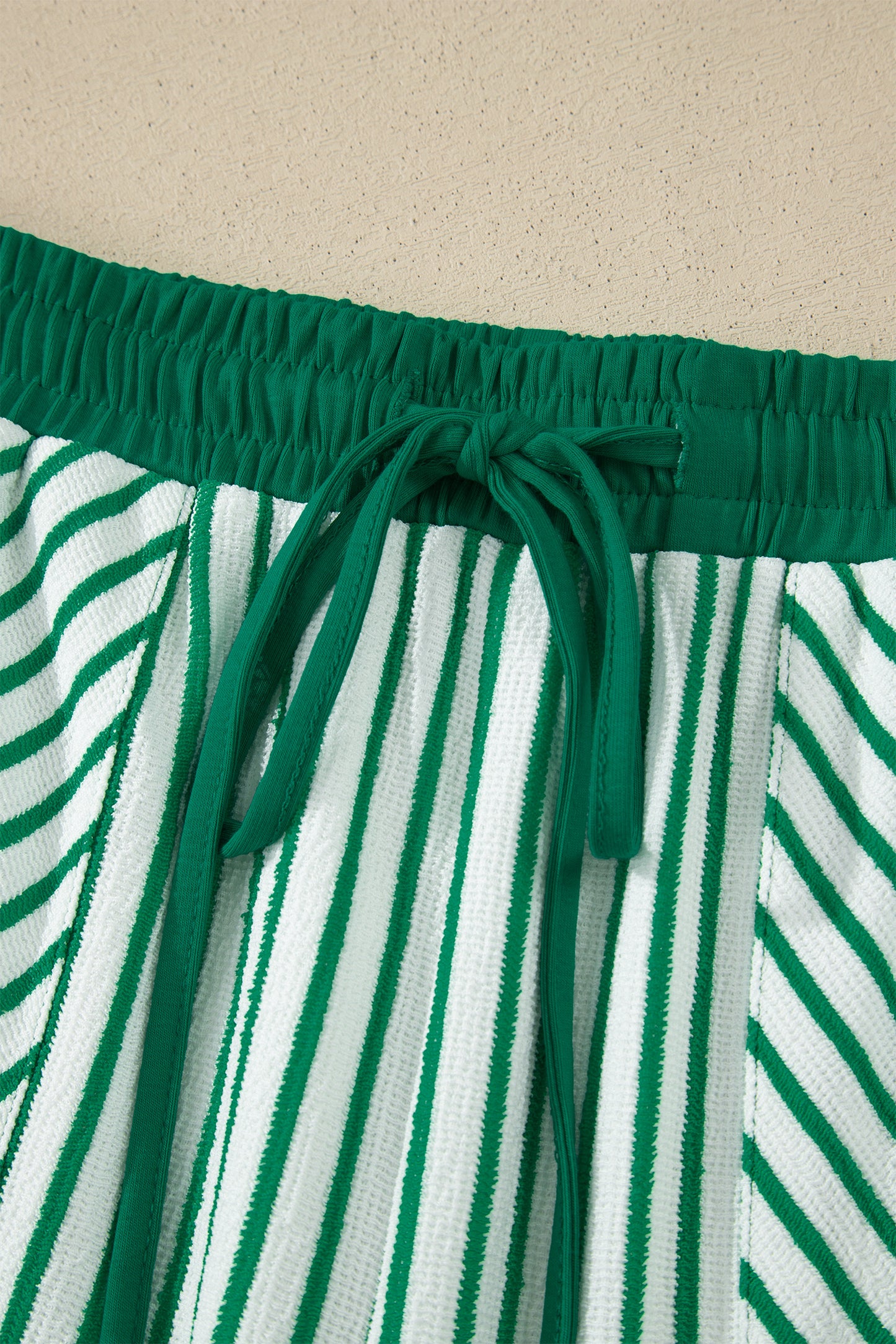 Khaki Stripe Crew Neck Tee Drawstring Waist Cropped Pants Set