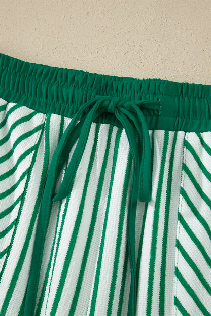 Khaki Stripe Crew Neck Tee Drawstring Waist Cropped Pants Set