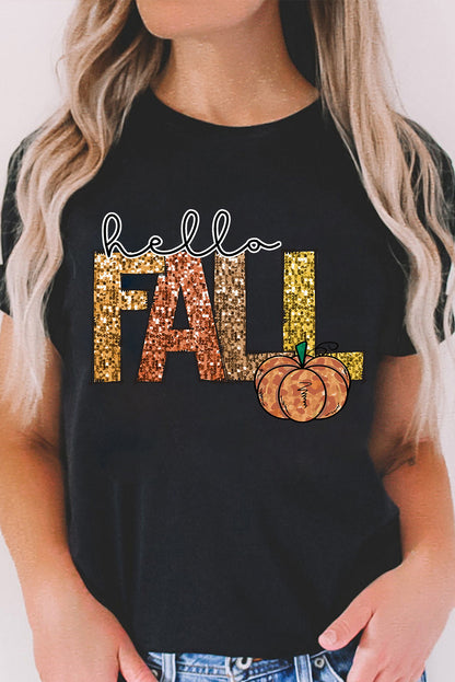 Black Hello Fall Pumpkin Graphic Thanksgiving T Shirt